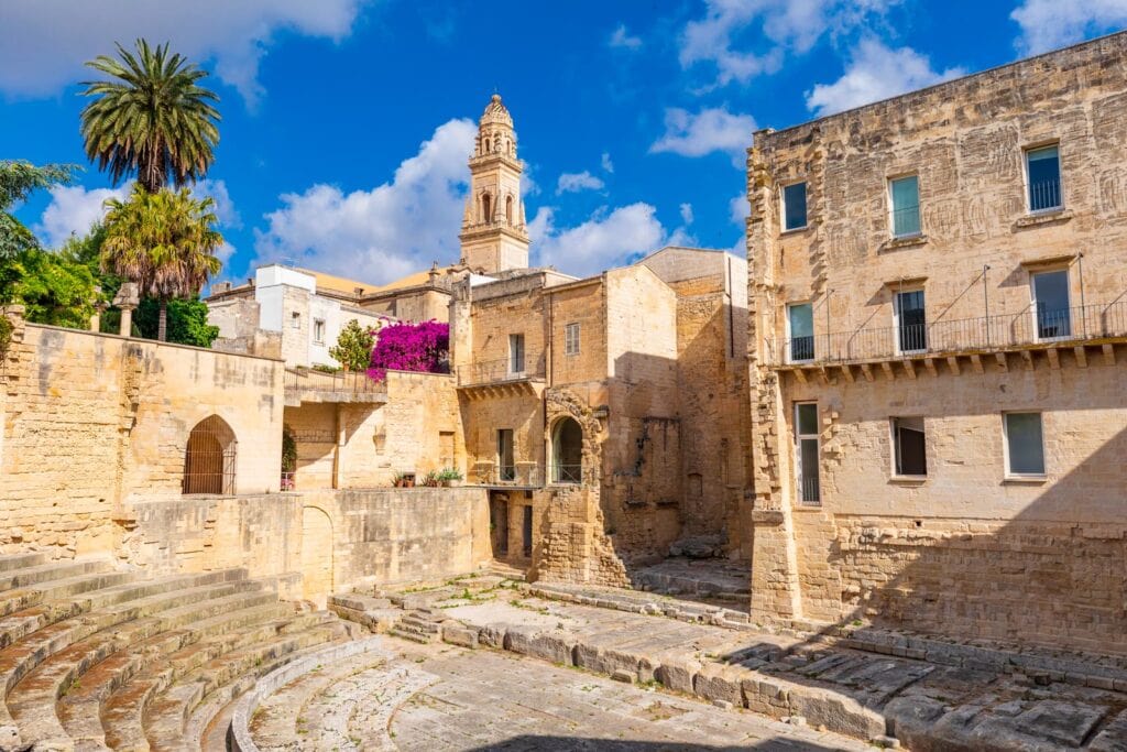 shutterstock 1491266495 ©emily marie wilson italy apulia province of lecce lecce. bell tower duomo dellassunta cathedral viewed from a roman theater