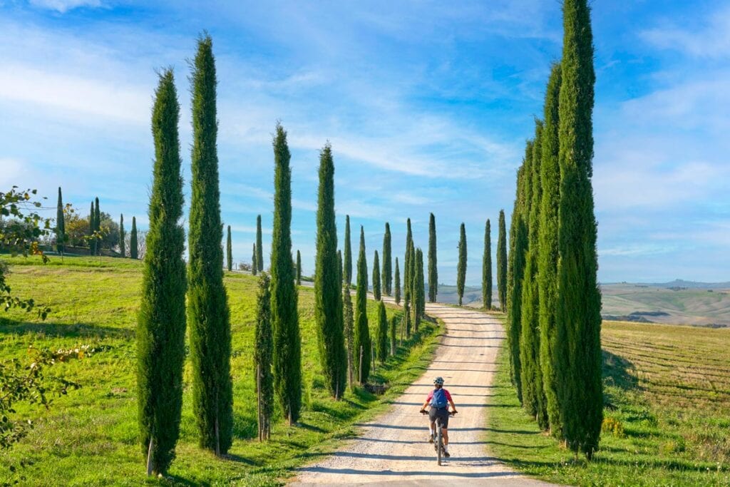 shutterstock 2223972047 ©umomos nice senior woman riding her electric mountain bike in a cypress avenue in tuscanyitaly